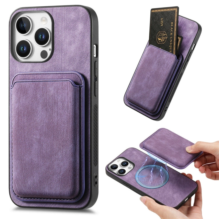 For iPhone 16 Pro Retro Leather Card Bag Magnetic Phone Case(Purple) - iPhone 16 Pro Cases by buy2fix | Online Shopping UK | buy2fix