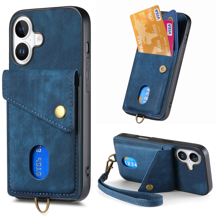 For iPhone 16 Retro Card Wallet Fold Leather Phone Case with Strap(Blue) - iPhone 16 Cases by buy2fix | Online Shopping UK | buy2fix