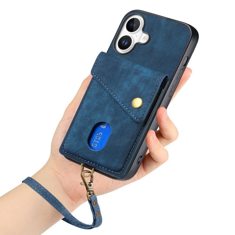 For iPhone 16 Retro Card Wallet Fold Leather Phone Case with Strap(Blue) - iPhone 16 Cases by buy2fix | Online Shopping UK | buy2fix