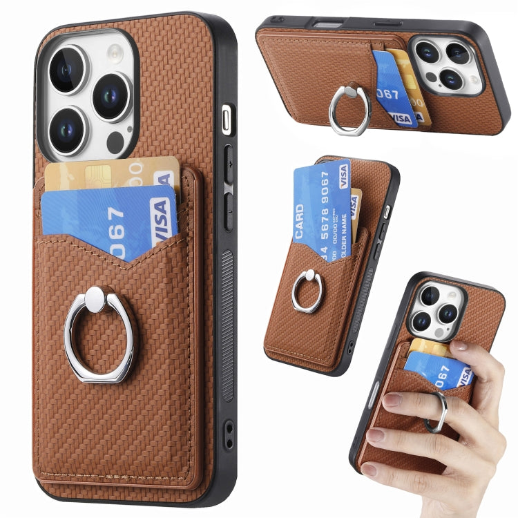 For iPhone 16 Pro Max Carbon Fiber Card Wallet Ring Phone Case(Brown) - iPhone 16 Pro Max Cases by buy2fix | Online Shopping UK | buy2fix