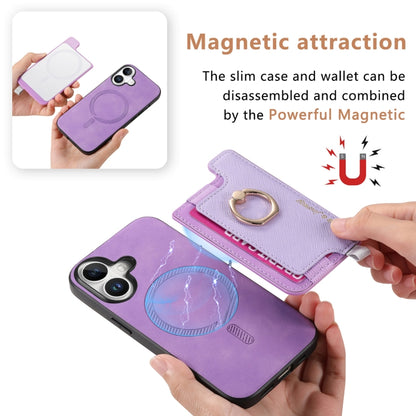 For iPhone 16 Retro Magsafe Cross Leather Ring Holder Card Bag Phone Case(Purple) - iPhone 16 Cases by buy2fix | Online Shopping UK | buy2fix