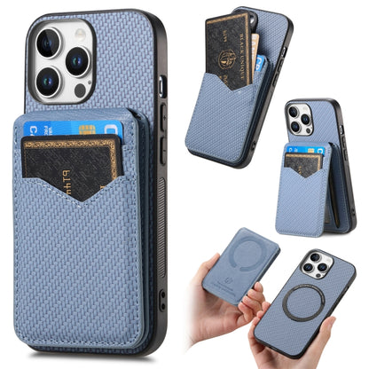 For iPhone 16 Pro Carbon Fiber MagSafe Vertical Flip Card Bag Phone Case(Blue) - iPhone 16 Pro Cases by buy2fix | Online Shopping UK | buy2fix