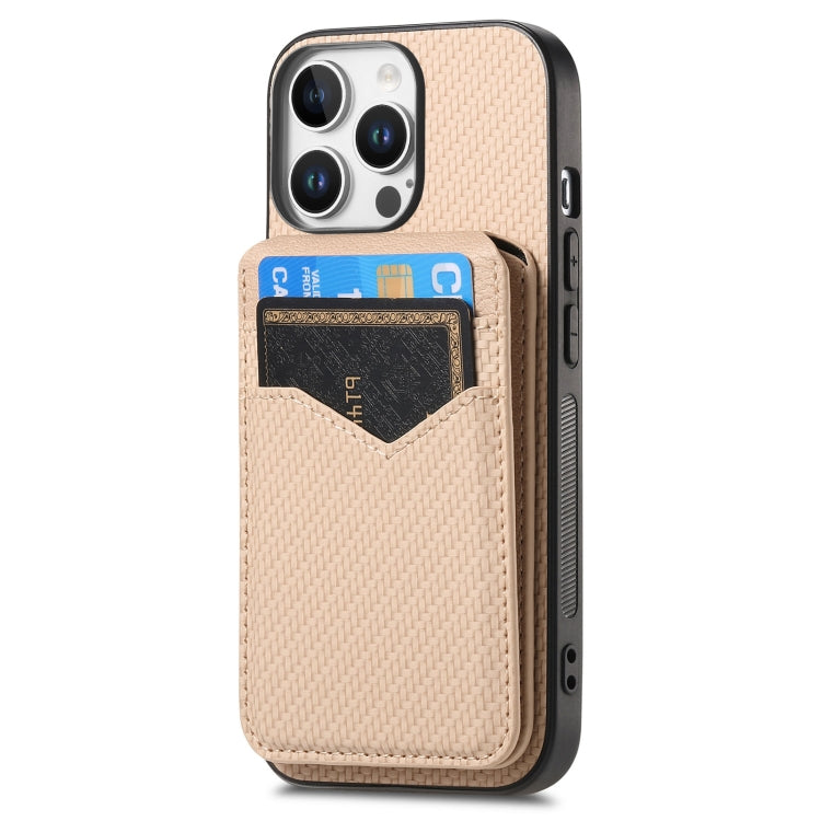 For iPhone 16 Pro Max Carbon Fiber MagSafe Vertical Flip Card Bag Phone Case(Khaki) - iPhone 16 Pro Max Cases by buy2fix | Online Shopping UK | buy2fix