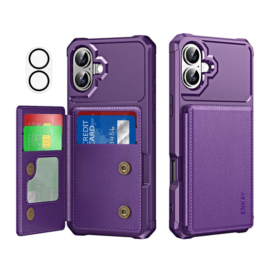 For iPhone 16 Plus ENKAY Hat-Prince Card Slot Wallet TPU Back Leather Phone Case with Lens Film(Purple) - iPhone 16 Plus Cases by ENKAY | Online Shopping UK | buy2fix