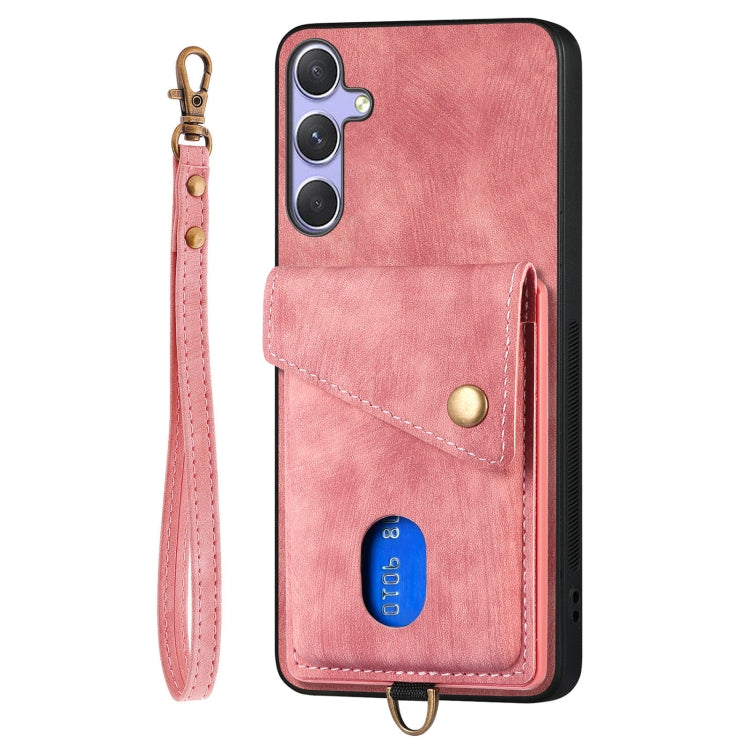 For Samsung Galaxy S25 5G Retro Card Wallet Fold Leather Phone Case with Strap(Pink) - Galaxy S25 5G Cases by buy2fix | Online Shopping UK | buy2fix