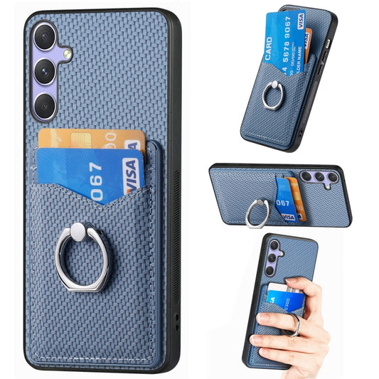 For Samsung Galaxy S25 5G Carbon Fiber Card Wallet Ring Phone Case(Blue) - Galaxy S25 5G Cases by buy2fix | Online Shopping UK | buy2fix