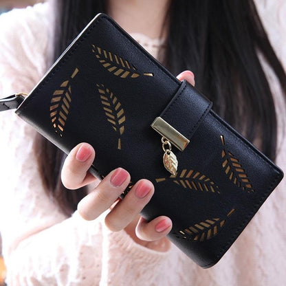 Long Gold Hollow Leaves Coin Purse Card Holders Wallet for Women(Black) - Wallets by buy2fix | Online Shopping UK | buy2fix