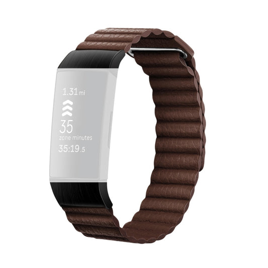 18mm Magnetic Leather Watch Band For Fitbit Charge 4 / 3, Size： S (Coffee Brown) - Watch Bands by buy2fix | Online Shopping UK | buy2fix
