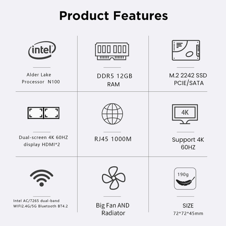 N100/DDR5 12th AlderLake-N100 Dual 4K60Hz Office And Home Mini PC, Spec: 12G+256G /EU Plug - Windows Mini PCs by buy2fix | Online Shopping UK | buy2fix