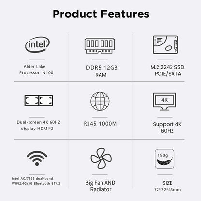 N100/DDR5 12th AlderLake-N100 Dual 4K60Hz Office And Home Mini PC, Spec: 12G+1TB /EU Plug - Windows Mini PCs by buy2fix | Online Shopping UK | buy2fix
