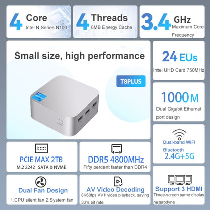 T8Plus Alder Lake-N100 4K Dual Band WIFI Bluetooth Office Game Portable Mini PC, Spec: 8G 512G EU Plug - Windows Mini PCs by buy2fix | Online Shopping UK | buy2fix