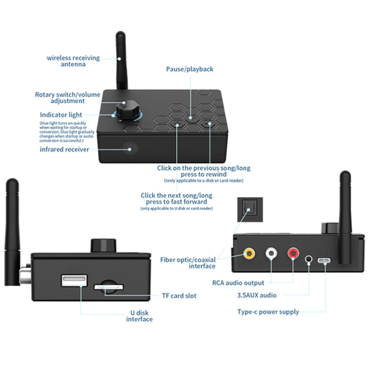 Bluetooth 5.4 Receiver Digital To Analog Card U Disk Converter Adapter With Remote Control(Fiber Optic Conversion) - Audio Signal Switcher by buy2fix | Online Shopping UK | buy2fix