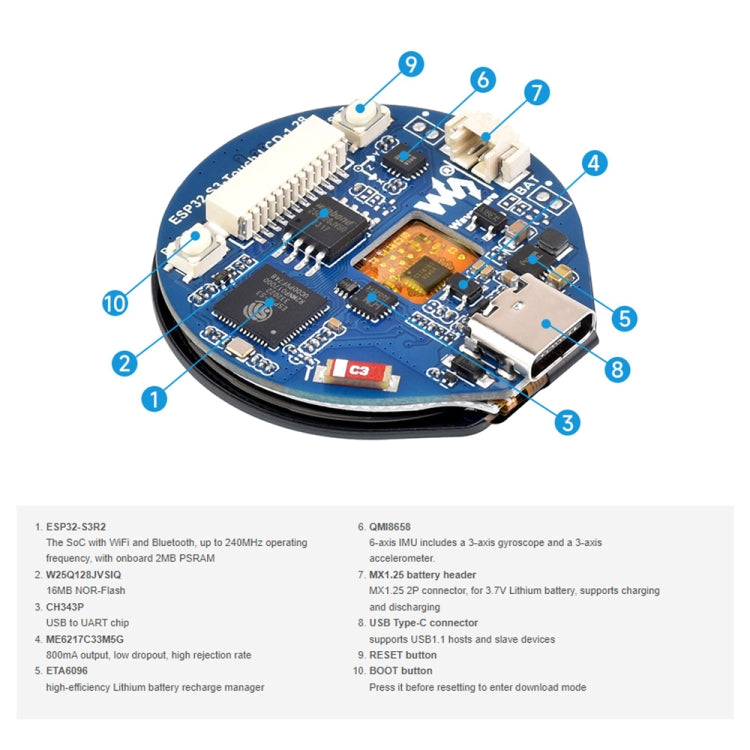 Waveshare 25098 ESP32-S3 1.28-Inch Round Touch LCD Development Board - LCD & LED Display Module by Waveshare | Online Shopping UK | buy2fix