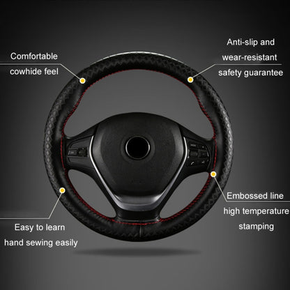 38cm Four-season Embossed Hand-sewn Cowhide Steering Wheel Cover(Black+Black Line) - Steering Wheel Accessories by buy2fix | Online Shopping UK | buy2fix