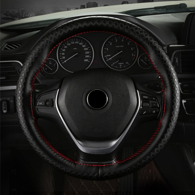 38cm Four-season Embossed Hand-sewn Cowhide Steering Wheel Cover(Coffee) - Steering Wheel Accessories by buy2fix | Online Shopping UK | buy2fix