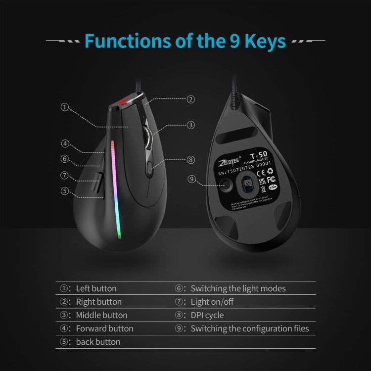 ZELOTES T50 9-Keys RGB Lighting Effect Vertical Grip Ergonomic Programming Wired Mouse(Black) - Wired Mice by ZELOTES | Online Shopping UK | buy2fix