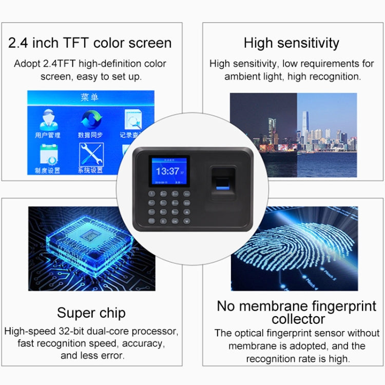 F01 Fingerprint Time Attendance Machine with 2.4 inch TFT Screen, US Plug - Security by buy2fix | Online Shopping UK | buy2fix