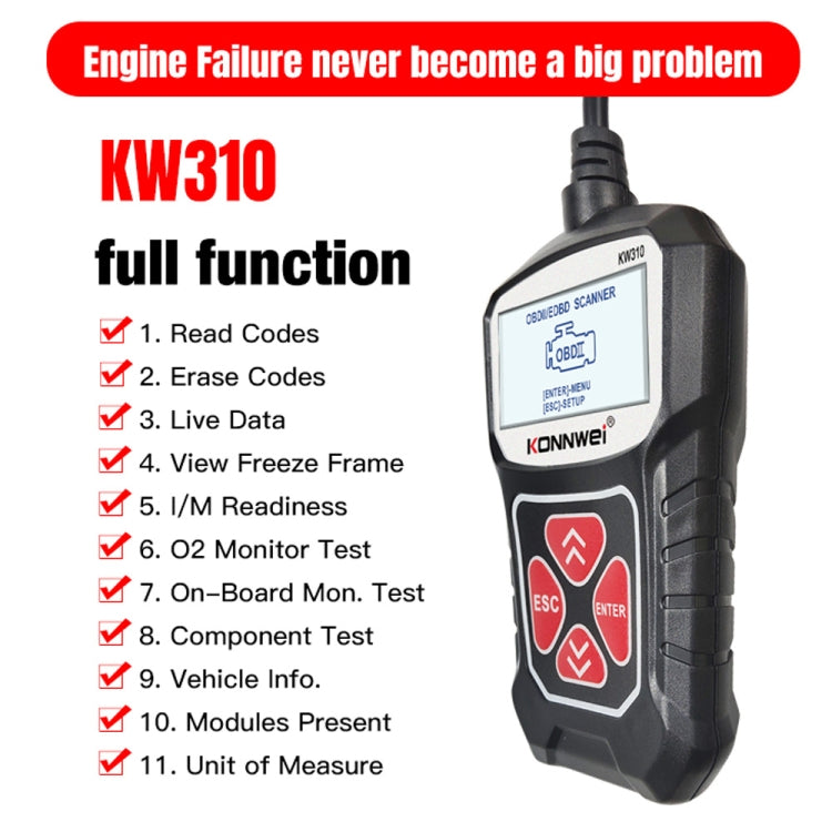 KONNWEI KW310 OBD Car Fault Detector Code Reader ELM327 OBD2 Scanner Diagnostic Tool(Black) - Code Readers & Scan Tools by KONNWEI | Online Shopping UK | buy2fix