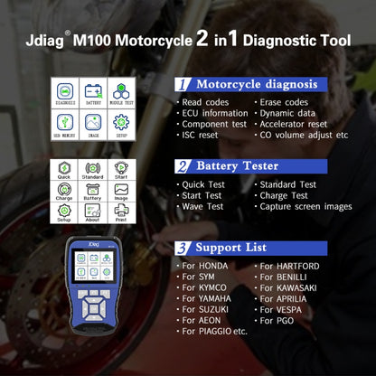 JDiag M100 Motorcycles 2 in1 OBD Scanner Battery Tester, Simplified Version - In Car by buy2fix | Online Shopping UK | buy2fix