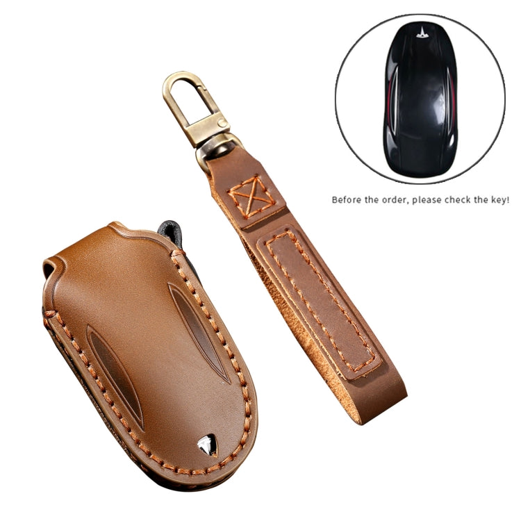 Hallmo Car Cowhide Leather Key Protective Cover Key Case for Tesla Model 3 B Style(Brown) -  by Hallmo | Online Shopping UK | buy2fix