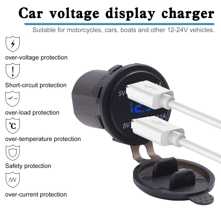 Universal Car Dual Port USB Charger Power Outlet Adapter 4.2A 5V IP66 with LED Digital Voltmeter + 60cm Cable(Blue Light) - In Car by buy2fix | Online Shopping UK | buy2fix