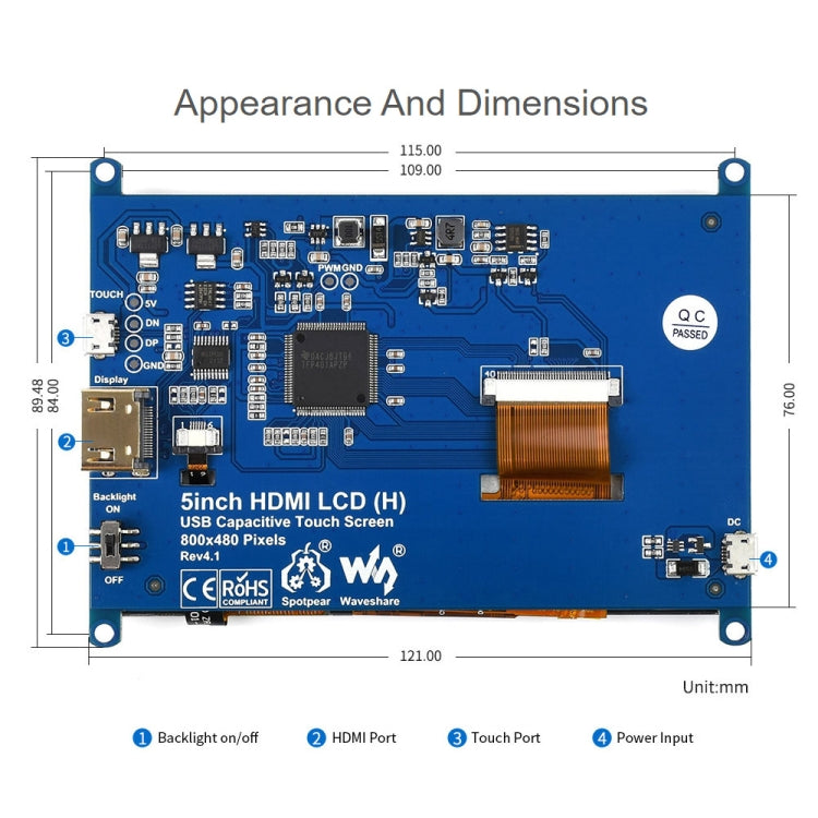 Waveshare 5 inch Slimmed-down Version 800 x 480 Toughened Glass Panel Capacitive Touch Screen LCD (H) - Modules Expansions Accessories by WAVESHARE | Online Shopping UK | buy2fix