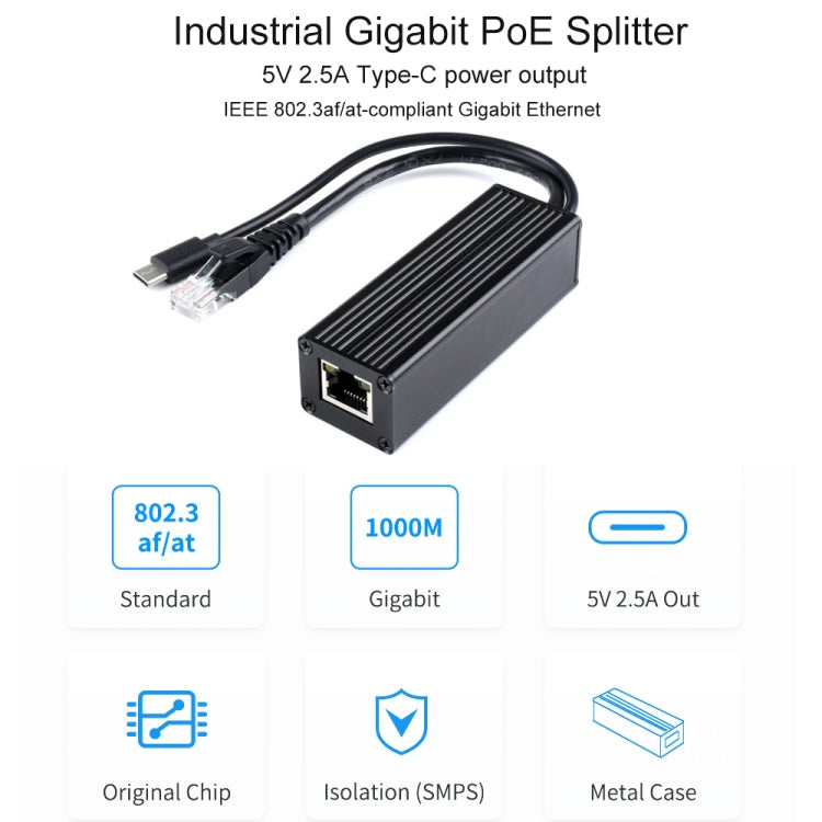 Waveshare Metal Case Gigabit PoE Splitter, 5V 2.5A Type-C Out - Modules Expansions Accessories by WAVESHARE | Online Shopping UK | buy2fix