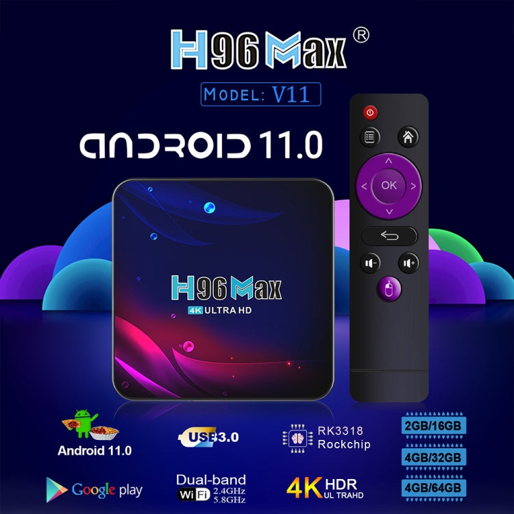 H96 Max V11 4K Smart TV BOX Android 11.0 Media Player with Remote Control, RK3318 Quad-Core 64bit Cortex-A53, RAM: 4GB, ROM: 64GB, Support Dual Band WiFi, Bluetooth, Ethernet, US Plug - Consumer Electronics by buy2fix | Online Shopping UK | buy2fix