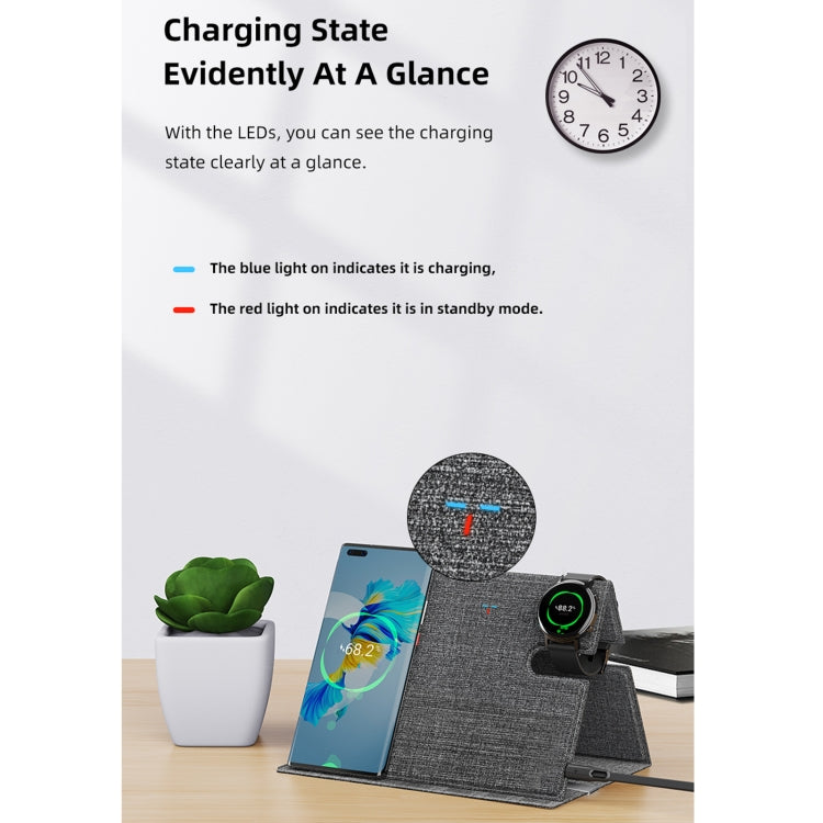 ROCK RWC-0518 3 In 1 Intelligent PU Leather Wireless Charger Station for Huawei Watch / Smart Phones / Wireless Earphone(Grey) - Apple Accessories by ROCK | Online Shopping UK | buy2fix