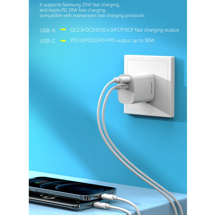 ROCK T51 30W Type-C / USB-C + USB PD Dual Ports Fast Charging Travel Charger Power Adapter, UK Plug(White) - Apple Accessories by ROCK | Online Shopping UK | buy2fix