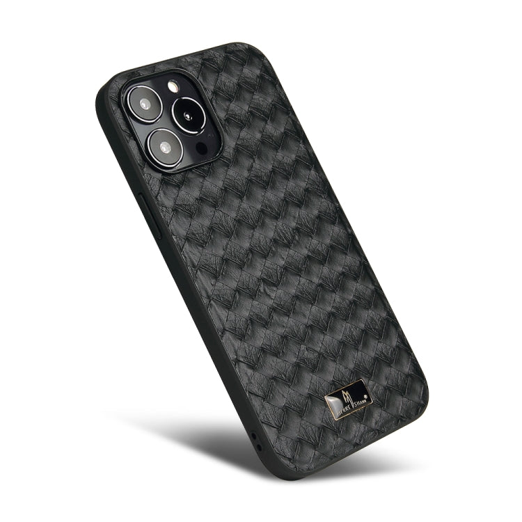 For iPhone 13 Pro Fierre Shann Leather Texture Phone Back Cover Case (Woven Black) - iPhone 13 Pro Cases by FIERRE SHANN | Online Shopping UK | buy2fix