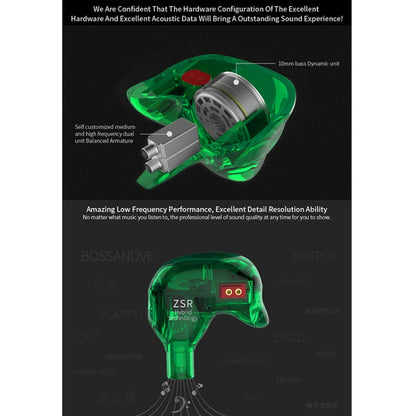 KZ ZSR 6-unit Ring Iron In-ear Wired Earphone, Mic Version(Green) - In Ear Wired Earphone by KZ | Online Shopping UK | buy2fix