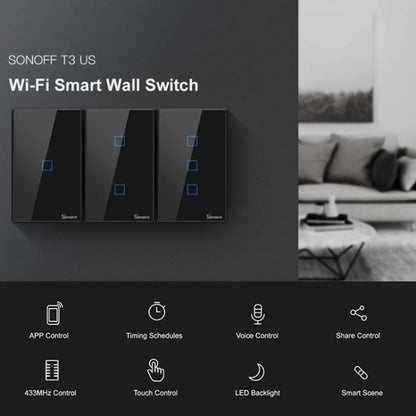 Sonoff T3 US-TX 433 RF WIFI Smart Remote Control Wall Touch Switch, US Plug, Style:Three Buttons - Smart Switch by Sonoff | Online Shopping UK | buy2fix