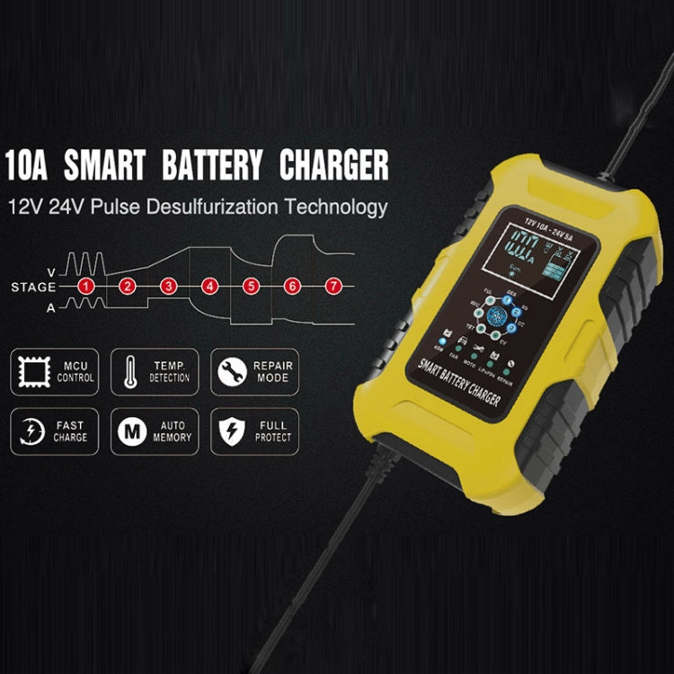 FOXSUR 10A 12V 7-segment Motorcycle / Car Smart Battery Charger, Plug Type:EU Plug(Yellow) - In Car by FOXSUR | Online Shopping UK | buy2fix