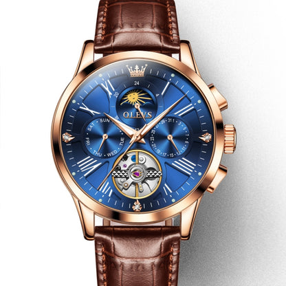 OLEVS 9912 Hollow Flywheel Week Calendar Dial Luminous Mechanical Watch for Men(Rose Gold Shell Blue Surface) - Leather Strap Watches by OLEVS | Online Shopping UK | buy2fix