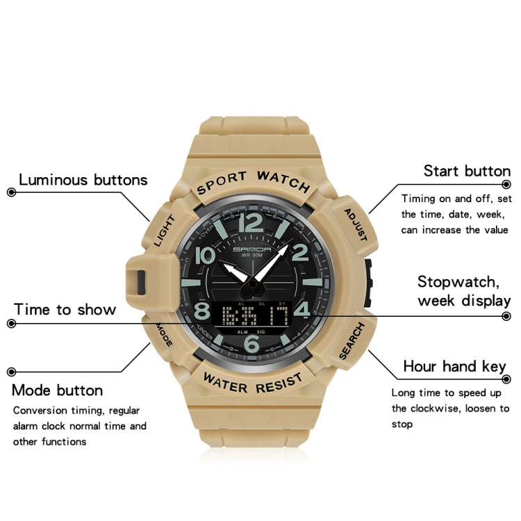 SANDA 3101 Dual Time Dispay Dial Luminous Timer Alarm Clock Electronic Watch for Men(Khaki) - Silicone Strap Watches by SANDA | Online Shopping UK | buy2fix