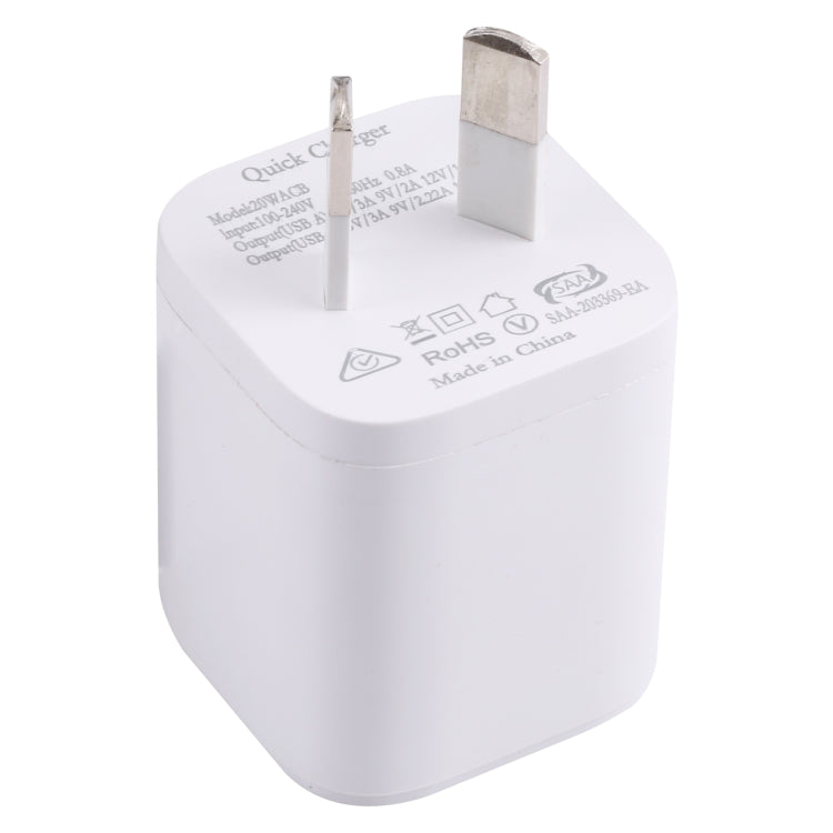 20WACB 20W QC3.0 + PD Quick Charger, Plug Specification:AU Plug(White) - USB Charger by buy2fix | Online Shopping UK | buy2fix