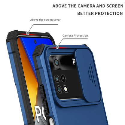 For Xiaomi Poco M4 Pro 4G Stereoscopic Holder Sliding Camshield Phone Case(Blue) - Xiaomi Cases by buy2fix | Online Shopping UK | buy2fix