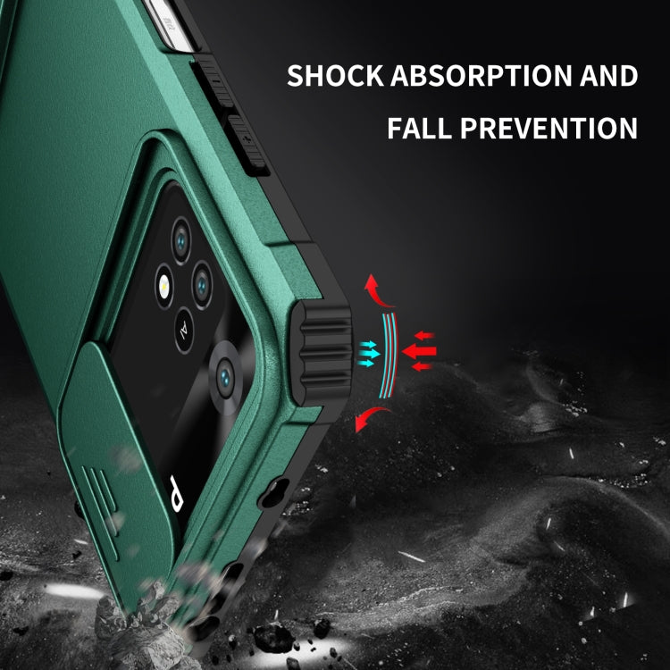 For Xiaomi Poco M4 Pro 4G Stereoscopic Holder Sliding Camshield Phone Case(Dark Green) - Xiaomi Cases by buy2fix | Online Shopping UK | buy2fix