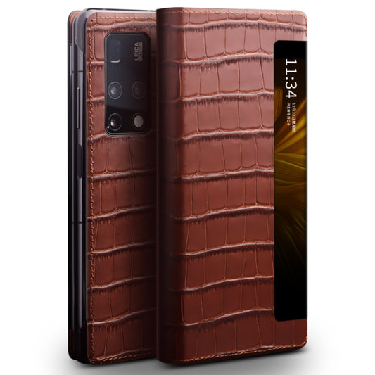 For Huawei Mate X2 QIALINO Crocodile Pattern Side Window View Genuine Leather Phone Case(Brown) - Huawei Cases by QIALINO | Online Shopping UK | buy2fix