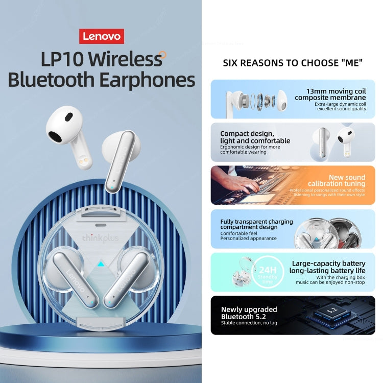 Lenovo LP10 TWS Wireless Bluetooth 5.2 Noise Reduction Earphone with Mic(White) - TWS Earphone by Lenovo | Online Shopping UK | buy2fix