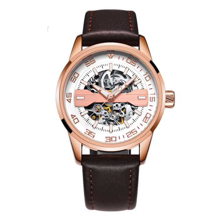 OCHSTIN 62002A Master Series Hollow Mechanical Men Watch(Rose Gold-White) - Leather Strap Watches by OCHSTIN | Online Shopping UK | buy2fix