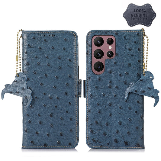 For Samsung Galaxy S23 Ultra 5G Ostrich Pattern Genuine Leather RFID Phone Case(Blue) - Galaxy S23 Ultra 5G Cases by buy2fix | Online Shopping UK | buy2fix