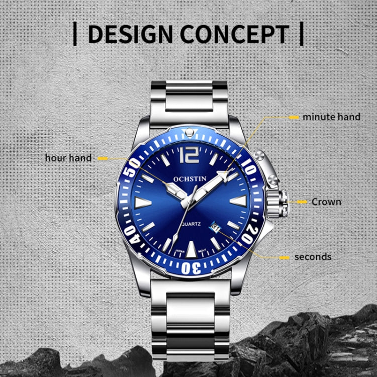 OCHSTIN 7002B Multifunctional Quartz Waterproof Luminous Steel Strap Men Watch(Silver+Blue) - Metal Strap Watches by OCHSTIN | Online Shopping UK | buy2fix