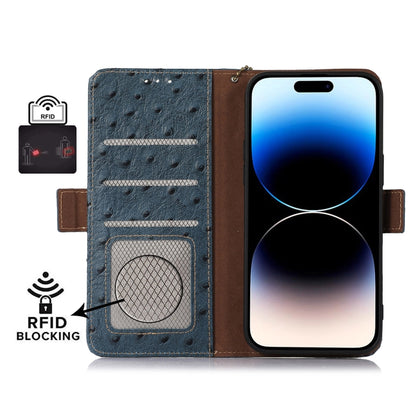 For OnePlus 11 5G Ostrich Pattern Genuine Leather RFID Phone Case(Blue) - OnePlus Cases by buy2fix | Online Shopping UK | buy2fix