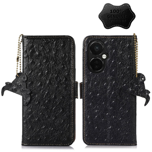 For OnePlus Nord CE 3 Lite Ostrich Pattern Genuine Leather RFID Phone Case(Black) - OnePlus Cases by buy2fix | Online Shopping UK | buy2fix