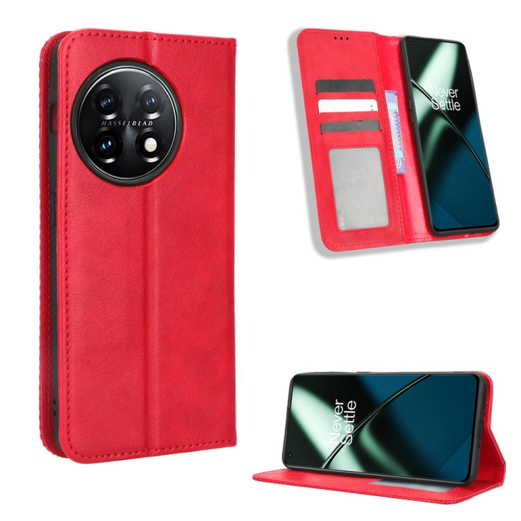 For OnePlus 11 5G Magnetic Buckle Retro Texture Leather Phone Case(Red) - OnePlus Cases by buy2fix | Online Shopping UK | buy2fix