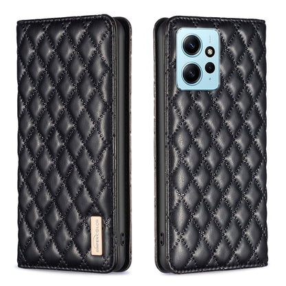 For Xiaomi Redmi Note 12 4G Global Diamond Lattice Magnetic Leather Flip Phone Case(Black) - Note 12 Cases by buy2fix | Online Shopping UK | buy2fix