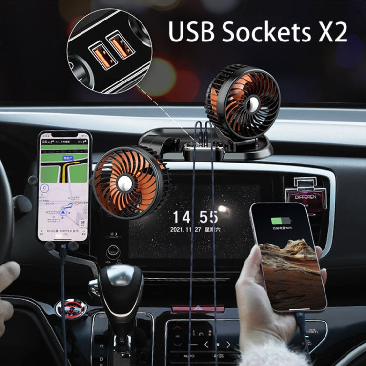 F622U Car Creative Folding Rotatable Double Head Electric Cooling Fan with Dual USB Charging Port, Style:24V Cigarette Lighter - In Car by buy2fix | Online Shopping UK | buy2fix