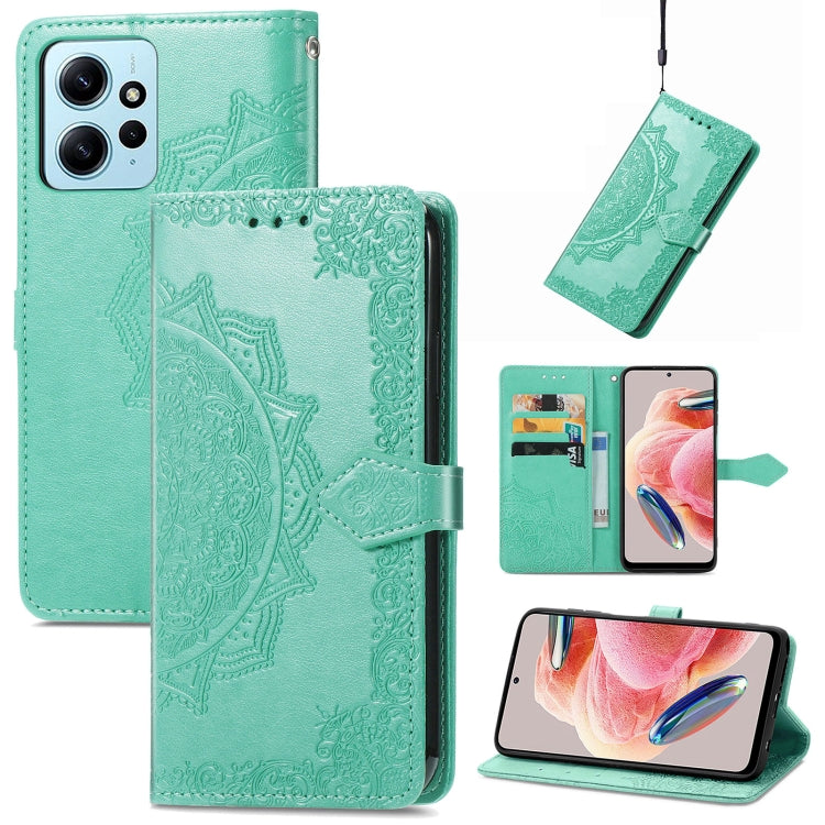 For Xiaomi Redmi Note 12 4G Global Mandala Flower Embossed Leather Phone Case(Green) - Note 12 Cases by buy2fix | Online Shopping UK | buy2fix